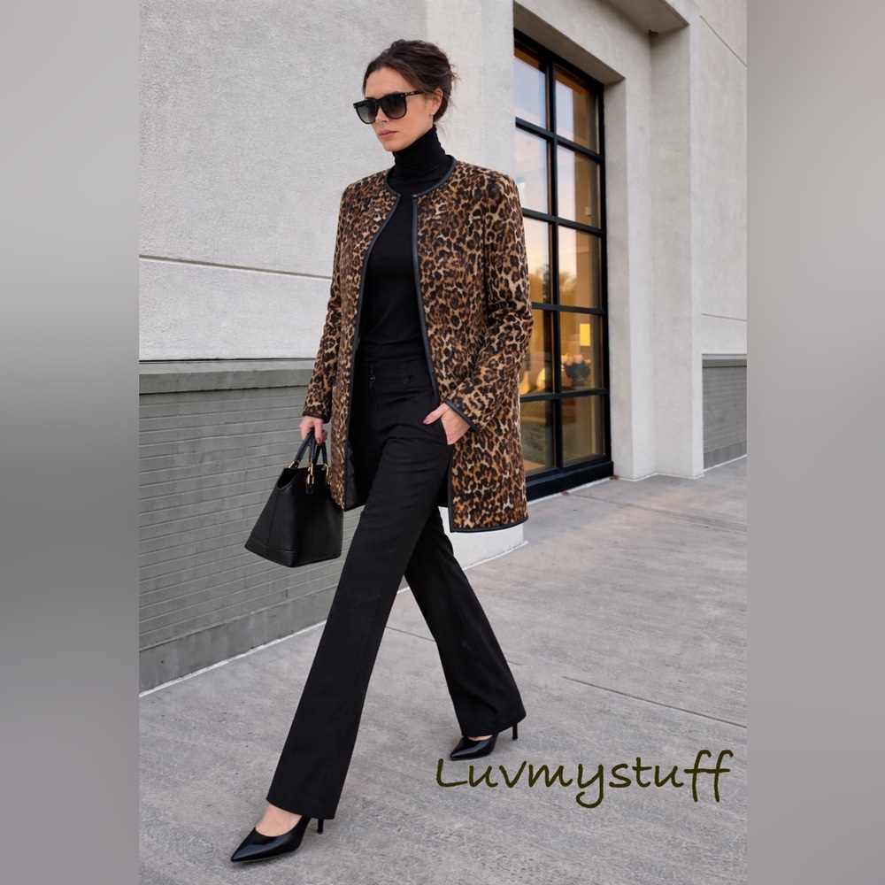 Beautiful Animal Print Coat Jacket with Faux Leather Trim